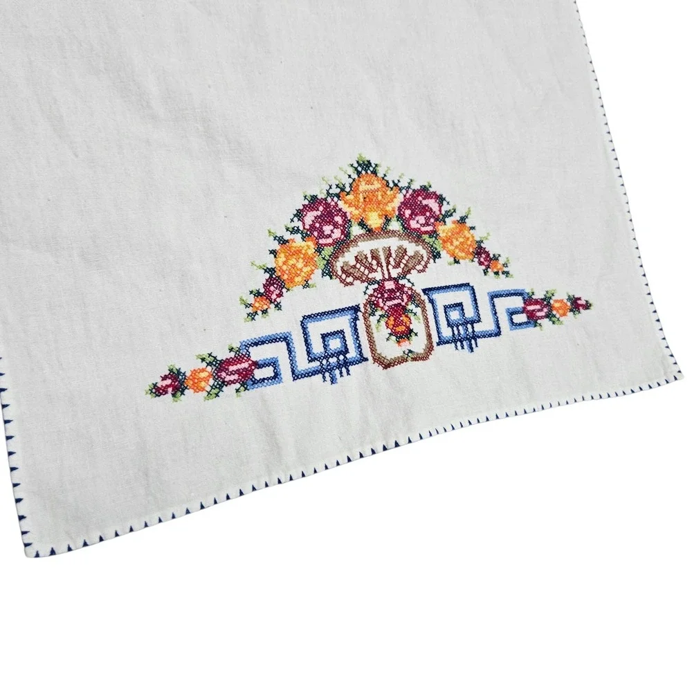 Vintage Cross Stitch Embroidered Floral Linen‎ Tea Towel Asian Cottagecore